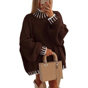 imagePRETTYGARDEN Womens Winter Oversized Pullover Sweaters Long Sleeve Mock Neck Chunky Knit Slouchy Jumper TopsBrown