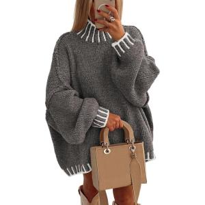 imagePRETTYGARDEN Womens Winter Oversized Pullover Sweaters Long Sleeve Mock Neck Chunky Knit Slouchy Jumper TopsGrey
