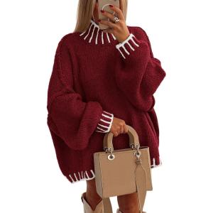 imagePRETTYGARDEN Womens Winter Oversized Pullover Sweaters Long Sleeve Mock Neck Chunky Knit Slouchy Jumper TopsWine Red