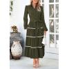 imagePRETTYGARDEN Womens Casual Dresses Loose Belted Long Lantern Sleeve Tiered Button Down Maxi Shirt Dress with PocketsArmy Green