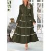 imagePRETTYGARDEN Womens Casual Dresses Loose Belted Long Lantern Sleeve Tiered Button Down Maxi Shirt Dress with PocketsArmy Green