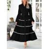 imagePRETTYGARDEN Womens Casual Dresses Loose Belted Long Lantern Sleeve Tiered Button Down Maxi Shirt Dress with PocketsBlack