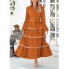 imagePRETTYGARDEN Womens Casual Dresses Loose Belted Long Lantern Sleeve Tiered Button Down Maxi Shirt Dress with PocketsBrown Yellow