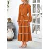 imagePRETTYGARDEN Womens Casual Dresses Loose Belted Long Lantern Sleeve Tiered Button Down Maxi Shirt Dress with PocketsBrown Yellow