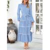 imagePRETTYGARDEN Womens Casual Dresses Loose Belted Long Lantern Sleeve Tiered Button Down Maxi Shirt Dress with PocketsLight Blue