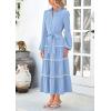 imagePRETTYGARDEN Womens Casual Dresses Loose Belted Long Lantern Sleeve Tiered Button Down Maxi Shirt Dress with PocketsLight Blue