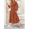 imagePRETTYGARDEN Womens Fall Midi Dress Elegant Floral Long Sleeve Smocked Boho Wedding Party Long Flowy DressesBrick Red