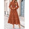 imagePRETTYGARDEN Womens Fall Midi Dress Elegant Floral Long Sleeve Smocked Boho Wedding Party Long Flowy DressesBrick Red