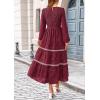 imagePRETTYGARDEN Womens Fall Midi Dress Elegant Floral Long Sleeve Smocked Boho Wedding Party Long Flowy DressesWine Red