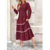 imagePRETTYGARDEN Womens Fall Midi Dress Elegant Floral Long Sleeve Smocked Boho Wedding Party Long Flowy DressesWine Red
