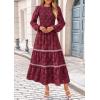 imagePRETTYGARDEN Womens Fall Midi Dress Elegant Floral Long Sleeve Smocked Boho Wedding Party Long Flowy DressesWine Red