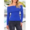 imagePRETTYGARDEN Womens Fall Off Shoulder Sweaters Y2K Long Sleeve Ribbed Knit Fitted Pullover Winter Date Night Tops BlouseBlue