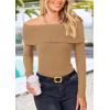 imagePRETTYGARDEN Womens Fall Off Shoulder Sweaters Y2K Long Sleeve Ribbed Knit Fitted Pullover Winter Date Night Tops BlouseKhaki
