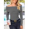 imagePRETTYGARDEN Womens Fall Off Shoulder Sweaters Y2K Long Sleeve Ribbed Knit Fitted Pullover Winter Date Night Tops BlouseMid Grey