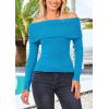 imagePRETTYGARDEN Womens Fall Off Shoulder Sweaters Y2K Long Sleeve Ribbed Knit Fitted Pullover Winter Date Night Tops BlouseMineral Blue