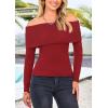imagePRETTYGARDEN Womens Fall Off Shoulder Sweaters Y2K Long Sleeve Ribbed Knit Fitted Pullover Winter Date Night Tops BlouseRust Red