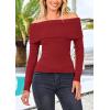 imagePRETTYGARDEN Womens Fall Off Shoulder Sweaters Y2K Long Sleeve Ribbed Knit Fitted Pullover Winter Date Night Tops BlouseRust Red