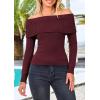 imagePRETTYGARDEN Womens Fall Off Shoulder Sweaters Y2K Long Sleeve Ribbed Knit Fitted Pullover Winter Date Night Tops BlouseWine Red