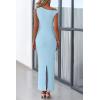 imagePRETTYGARDEN Womens Summer Formal Maxi Dresses Mesh Sleeveless One Shoulder Bodycon Ruched Slit Long Wedding Guest DressesLight Blue