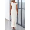 imagePRETTYGARDEN Womens Summer Formal Maxi Dresses Mesh Sleeveless One Shoulder Bodycon Ruched Slit Long Wedding Guest DressesWhite
