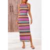 imagePRETTYGARDEN Womens Summer Sleeveless Tank Dress Crew Neck Striped Side Slit Bodycon Casual Maxi DressesBrown Red