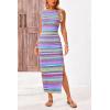 imagePRETTYGARDEN Womens Summer Sleeveless Tank Dress Crew Neck Striped Side Slit Bodycon Casual Maxi DressesLight Blue