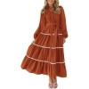 imagePRETTYGARDEN Womens Casual Dresses Loose Belted Long Lantern Sleeve Tiered Button Down Maxi Shirt Dress with PocketsBrick Red