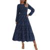 imagePRETTYGARDEN Womens Fall Midi Dress Elegant Floral Long Sleeve Smocked Boho Wedding Party Long Flowy DressesNavy