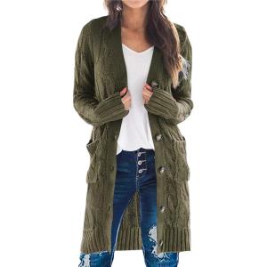 imagePRETTYGARDEN Long Sleeve Cable Knit Long Cardigan for Women 2024 Fall Winter Chunky Open Front Button Sweaters with PocketsArmy Green