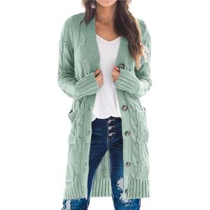imagePRETTYGARDEN Long Sleeve Cable Knit Long Cardigan for Women 2024 Fall Winter Chunky Open Front Button Sweaters with PocketsBean Green