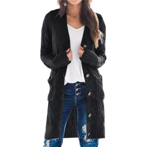 imagePRETTYGARDEN Long Sleeve Cable Knit Long Cardigan for Women 2024 Fall Winter Chunky Open Front Button Sweaters with PocketsBlack