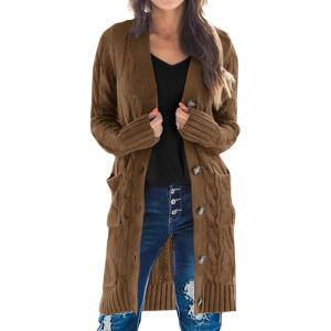 imagePRETTYGARDEN Long Sleeve Cable Knit Long Cardigan for Women 2024 Fall Winter Chunky Open Front Button Sweaters with PocketsCoffee