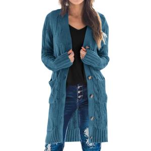 imagePRETTYGARDEN Long Sleeve Cable Knit Long Cardigan for Women 2024 Fall Winter Chunky Open Front Button Sweaters with PocketsCyan