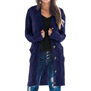 imagePRETTYGARDEN Long Sleeve Cable Knit Long Cardigan for Women 2024 Fall Winter Chunky Open Front Button Sweaters with PocketsDark Blue