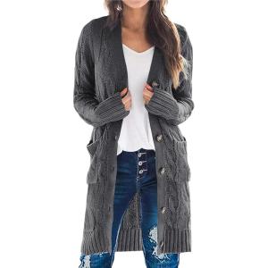 imagePRETTYGARDEN Long Sleeve Cable Knit Long Cardigan for Women 2024 Fall Winter Chunky Open Front Button Sweaters with PocketsDark Grey