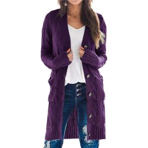 imagePRETTYGARDEN Long Sleeve Cable Knit Long Cardigan for Women 2024 Fall Winter Chunky Open Front Button Sweaters with PocketsDeep Purple