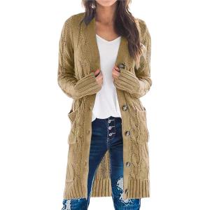 imagePRETTYGARDEN Long Sleeve Cable Knit Long Cardigan for Women 2024 Fall Winter Chunky Open Front Button Sweaters with PocketsKhaki