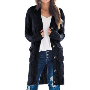 imagePRETTYGARDEN Long Sleeve Cable Knit Long Cardigan for Women 2024 Fall Winter Chunky Open Front Button Sweaters with PocketsNavy