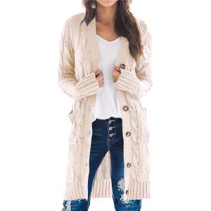 imagePRETTYGARDEN Long Sleeve Cable Knit Long Cardigan for Women 2024 Fall Winter Chunky Open Front Button Sweaters with PocketsOffwhite