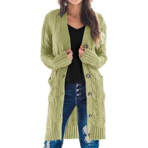 imagePRETTYGARDEN Long Sleeve Cable Knit Long Cardigan for Women 2024 Fall Winter Chunky Open Front Button Sweaters with PocketsOlive Green