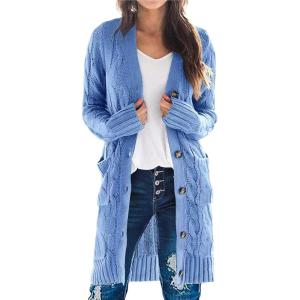 imagePRETTYGARDEN Long Sleeve Cable Knit Long Cardigan for Women 2024 Fall Winter Chunky Open Front Button Sweaters with PocketsSky Blue