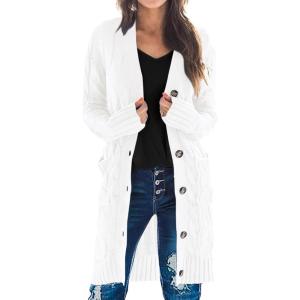 imagePRETTYGARDEN Long Sleeve Cable Knit Long Cardigan for Women 2024 Fall Winter Chunky Open Front Button Sweaters with PocketsSnow White