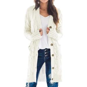 imagePRETTYGARDEN Long Sleeve Cable Knit Long Cardigan for Women 2024 Fall Winter Chunky Open Front Button Sweaters with PocketsWhite
