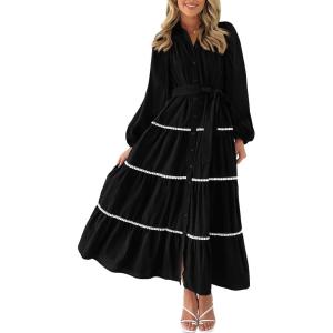 imagePRETTYGARDEN Womens Casual Dresses Loose Belted Long Lantern Sleeve Tiered Button Down Maxi Shirt Dress with PocketsBlack