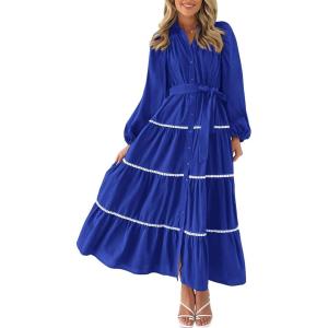 imagePRETTYGARDEN Womens Casual Dresses Loose Belted Long Lantern Sleeve Tiered Button Down Maxi Shirt Dress with PocketsBlue