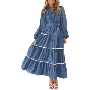 imagePRETTYGARDEN Womens Casual Dresses Loose Belted Long Lantern Sleeve Tiered Button Down Maxi Shirt Dress with PocketsDark Blue