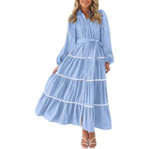 imagePRETTYGARDEN Womens Casual Dresses Loose Belted Long Lantern Sleeve Tiered Button Down Maxi Shirt Dress with PocketsLight Blue