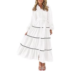 imagePRETTYGARDEN Womens Casual Dresses Loose Belted Long Lantern Sleeve Tiered Button Down Maxi Shirt Dress with PocketsWhite