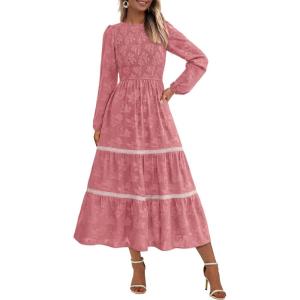 imagePRETTYGARDEN Womens Fall Midi Dress Elegant Floral Long Sleeve Smocked Boho Wedding Party Long Flowy DressesBean Paste Pink