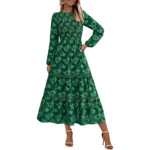 imagePRETTYGARDEN Womens Fall Midi Dress Elegant Floral Long Sleeve Smocked Boho Wedding Party Long Flowy DressesDark Green